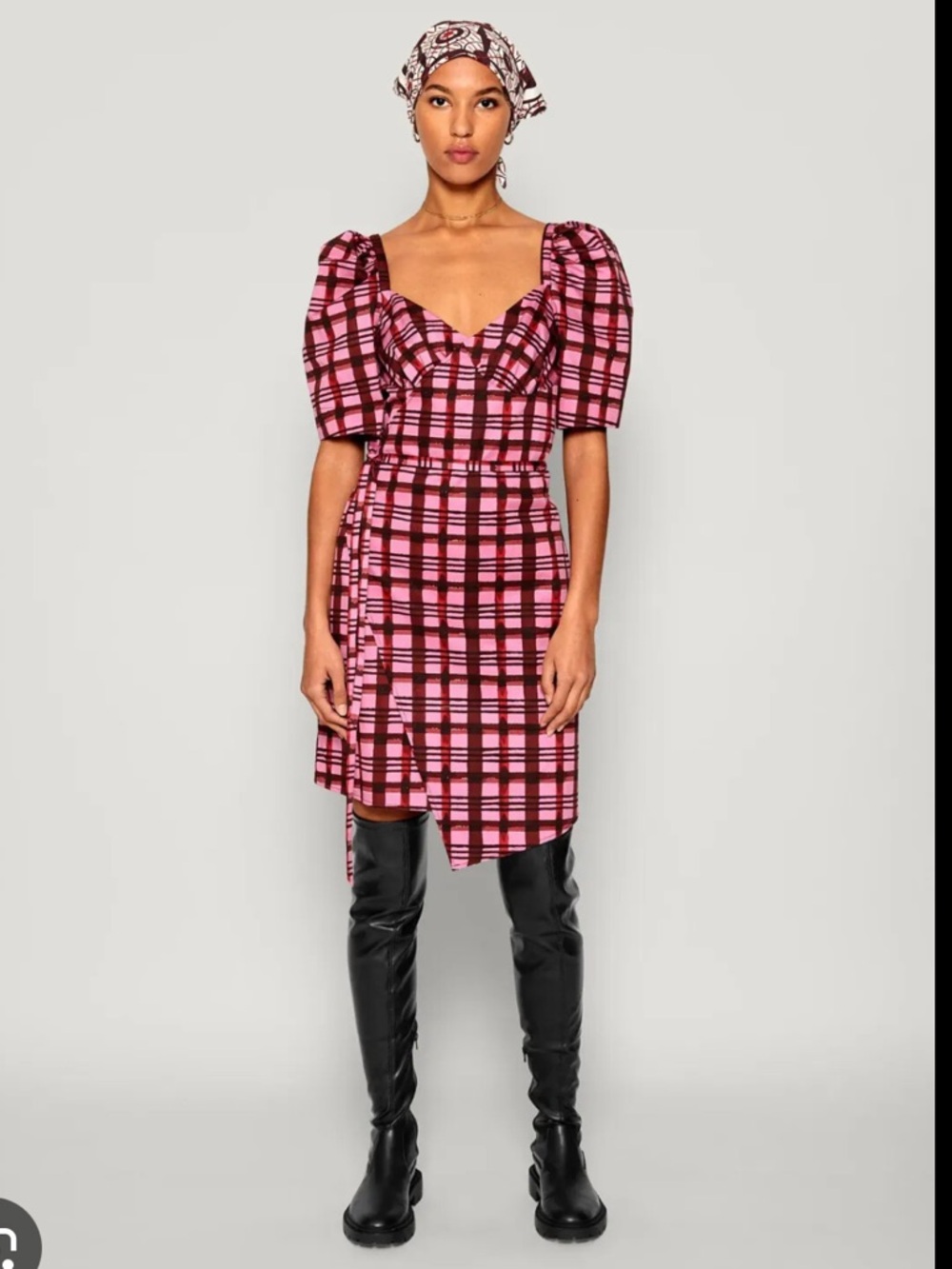 NWT Baum und Pferdgarten Pink Plaid Wrap Dress with Puff Sleeves